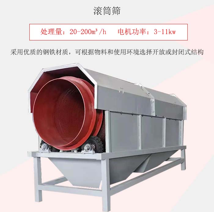 滾筒篩采用優(yōu)質(zhì)的鋼鐵材質(zhì)，可根據(jù)物料和使用環(huán)境選擇開放或封閉式結(jié)構(gòu)