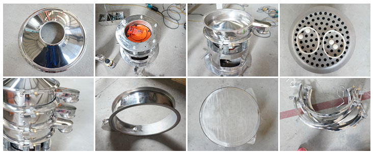 不銹鋼振動(dòng)篩結(jié)構(gòu)展示：防塵蓋，出料口，閘門(mén)，篩網(wǎng)于彈跳球，底座，振動(dòng)彈簧等。