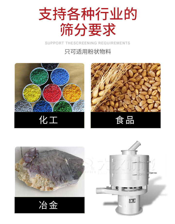 氣流篩用于礦粉，石墨粉，活性納米碳酸鈣，鋁灰，大豆粉，碳酸重鈣，石墨粉，木粉，干草，重金石粉，藥粉末，橡膠顆粒，草酸鹽，干料粉，木粉，聚酯粉，干粉，塑料，金屬粉末，橡膠粉，粉煤灰，石墨粉，陶瓷粉，鋅粉，石英粉，石灰粉，鐵粉，金屬硅粉等。