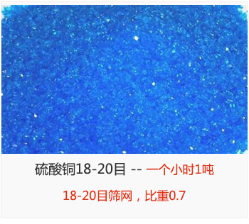 篩分18-20目的硫酸銅 產量一個小時1噸，采用18-20目篩網，比重0.7