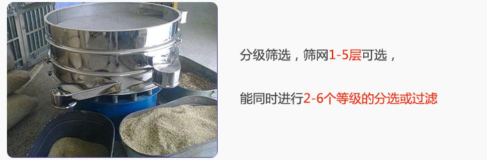分級篩選，可篩1至5層篩網(wǎng)，能同時(shí)進(jìn)行2至6個(gè)等級的分選或過濾