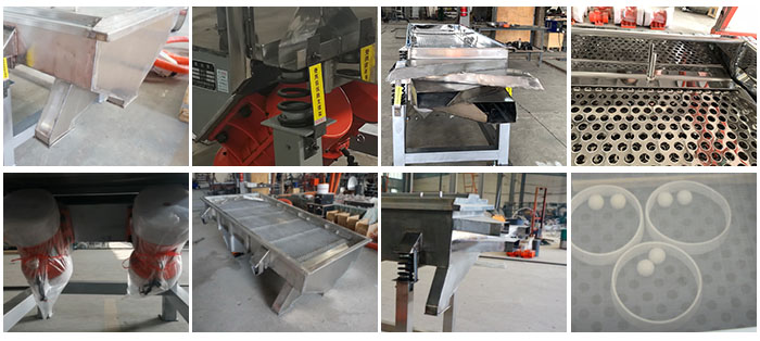 不銹鋼直線篩不同定制出料口，電機(jī)，篩網(wǎng)，篩箱，彈跳球等部件細(xì)節(jié)展示