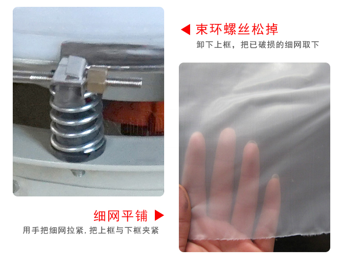 換網(wǎng)步驟：先松開束環(huán)，把新的細網(wǎng)平鋪在網(wǎng)架上繃緊