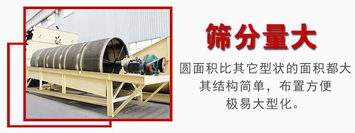 滾筒篩篩分產(chǎn)量大，產(chǎn)量可達(dá)200噸/時(shí)
