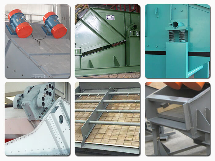 礦用振動(dòng)篩主要由激振器、篩體、篩網(wǎng)、減振裝置及座架等組成。篩箱由篩框、篩板、襯板等組成