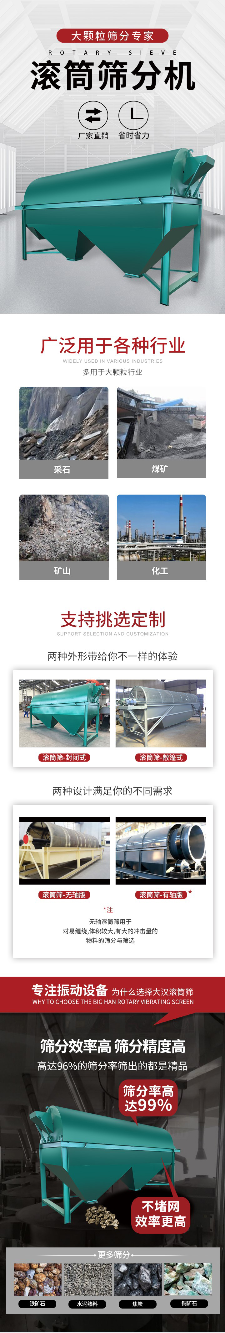滾筒篩分機(jī)大顆粒篩分專家：廠家直銷，省時(shí)省力。滾筒篩被廣泛應(yīng)用各種行業(yè)：多用于大顆粒行業(yè)例如：采石，煤礦，礦山，化工等。滾筒篩定制類型有哪些：封閉式與敞篷式產(chǎn)品結(jié)構(gòu)分為：無軸式，有軸式兩種，無軸滾筒篩用于對(duì)纏繞，體積較大，有大的沖擊量的物料的篩分與篩選。滾筒篩篩分效率高篩分精度能夠達(dá)到：96%也比較適用于鐵礦石，水泥熟料，焦炭，銅礦石。滾筒篩特點(diǎn)：不飛粉末：密封隔離罩，密封性好，工作過程不會(huì)出現(xiàn)飛粉現(xiàn)象。外型尺寸是按筒體長(zhǎng)計(jì)