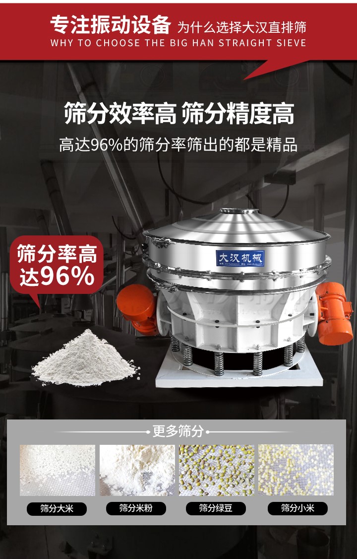 直排篩適用物料有面粉，淀粉，洗衣粉，金屬粉，添加劑，化工，非礦等行業(yè)。