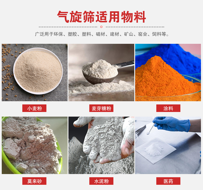 氣旋篩適用物料：小麥粉，麥芽糖粉，涂料，等粉狀物料。