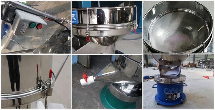 過濾篩細(xì)節(jié)展示：控制開關(guān)，篩框，出料口閥門，底座等