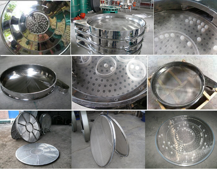 食品振動篩細節(jié)展示：防塵蓋，篩框，網(wǎng)架，底框等。